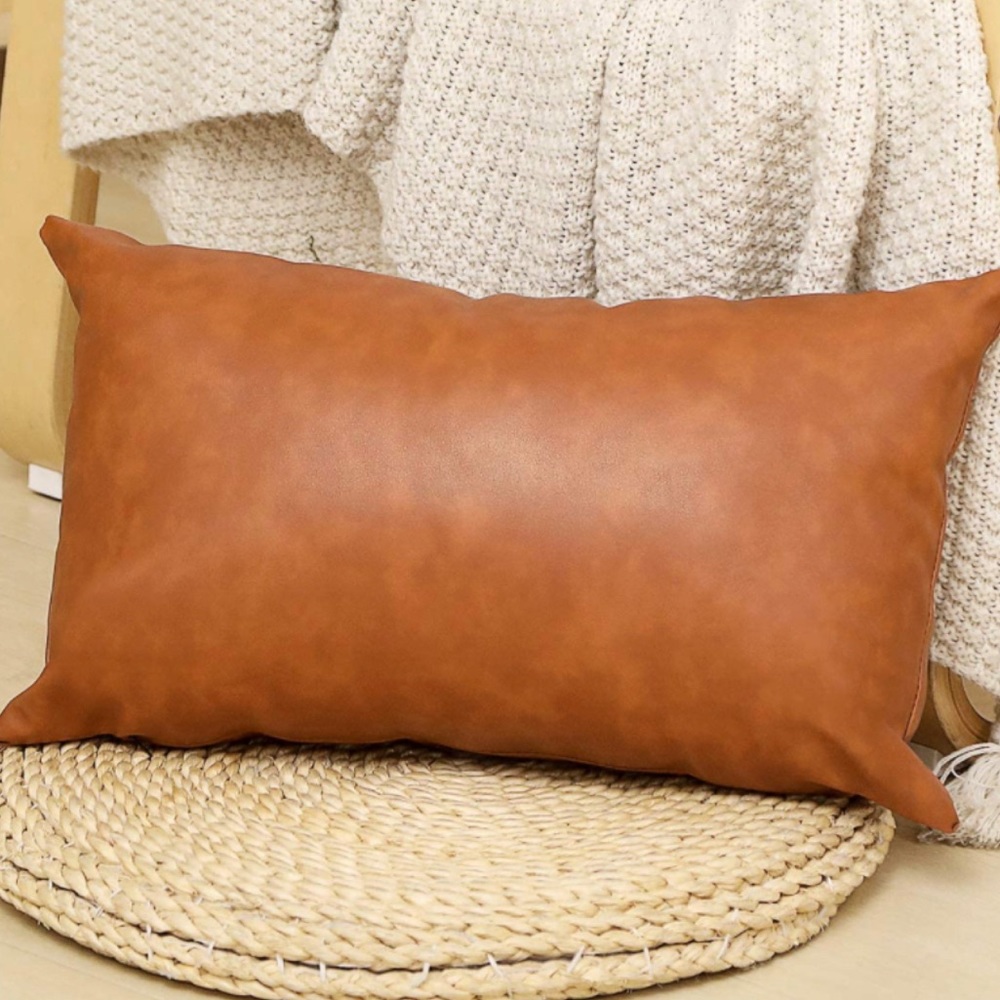Luxury Home | Rustic Farmhouse Faux Leather Lumbar Throw Pillow Cover - Picture 2 of 6